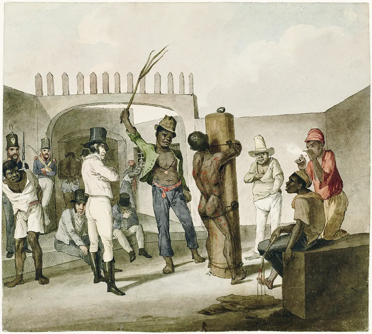 Pintura de 1822 retrata prisão com prisioneiros negros e soldados.