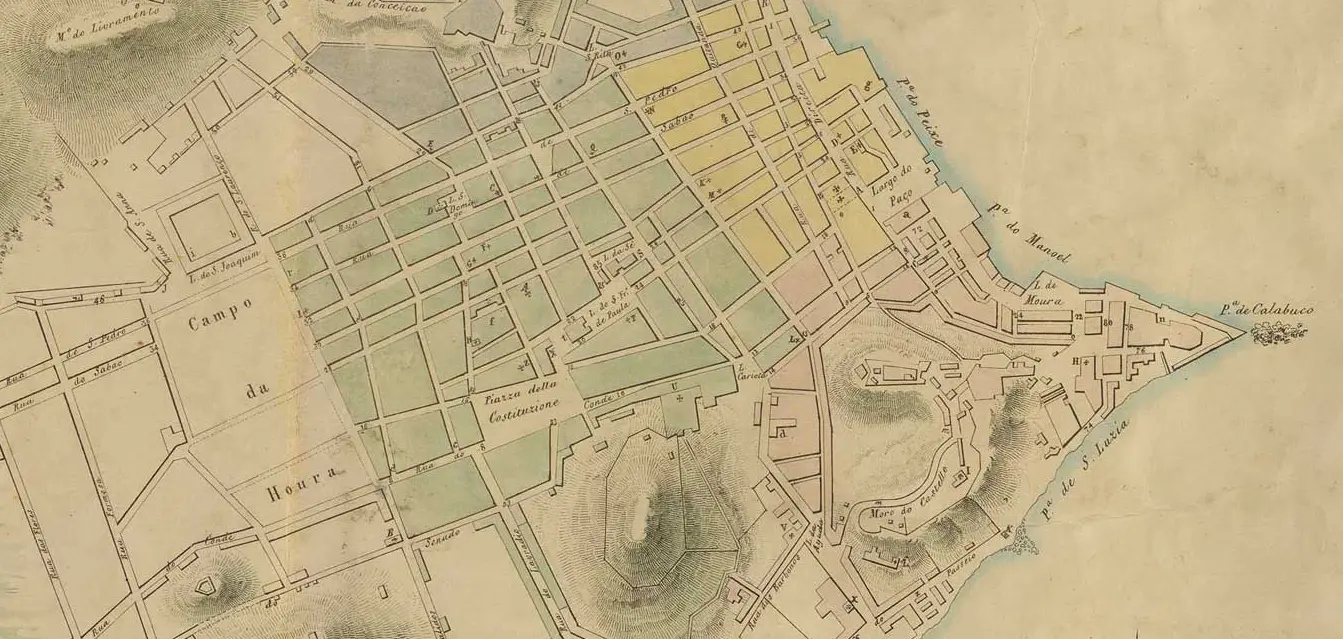 Mapa histórico de São Sebastião do Rio de Janeiro, Itália, mostrando ruas e edifícios.