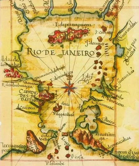 Mapa histórico do Rio de Janeiro com ilhas e nomes em português antigo.