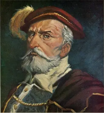 Pintura de homem adulto com barba e bigode, chapéu vermelho e camisa dourada.