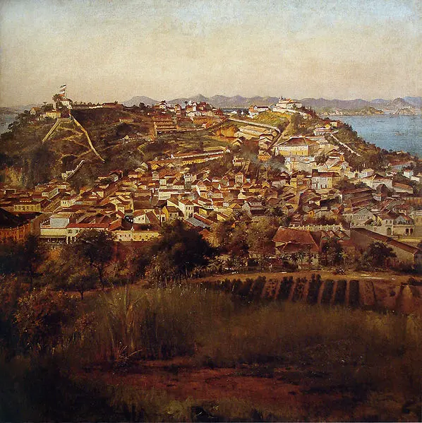 Pintura de cidade montanhosa com fortaleza e rio.