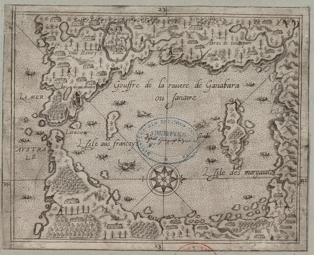Mapa antigo de área costeira com ilhas e penínsulas, incluindo "Ville Henri" e "Gouffre de la riviere de Ganabara".
