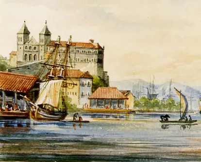 Pintura de cidade costeira com edifício monumental, navios e montanhas.