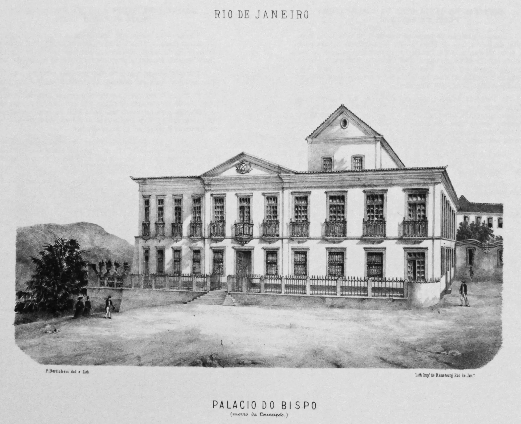 Gravura preto e branco do Palácio do Bispo em Nossa Senhora da Conceição, Rio de Janeiro.