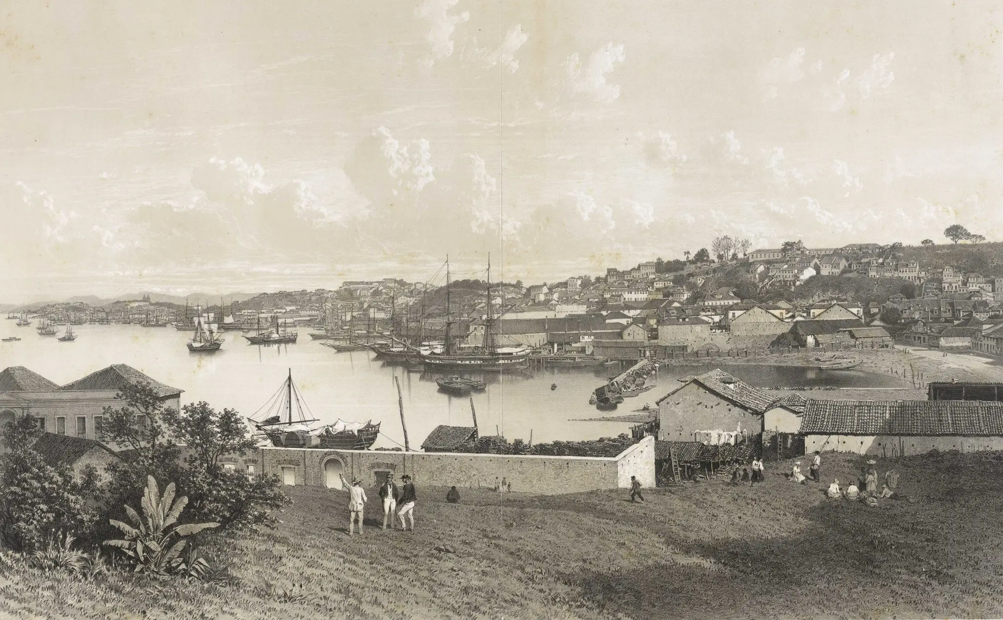 Cidade costeira com casas, barcos e navio.