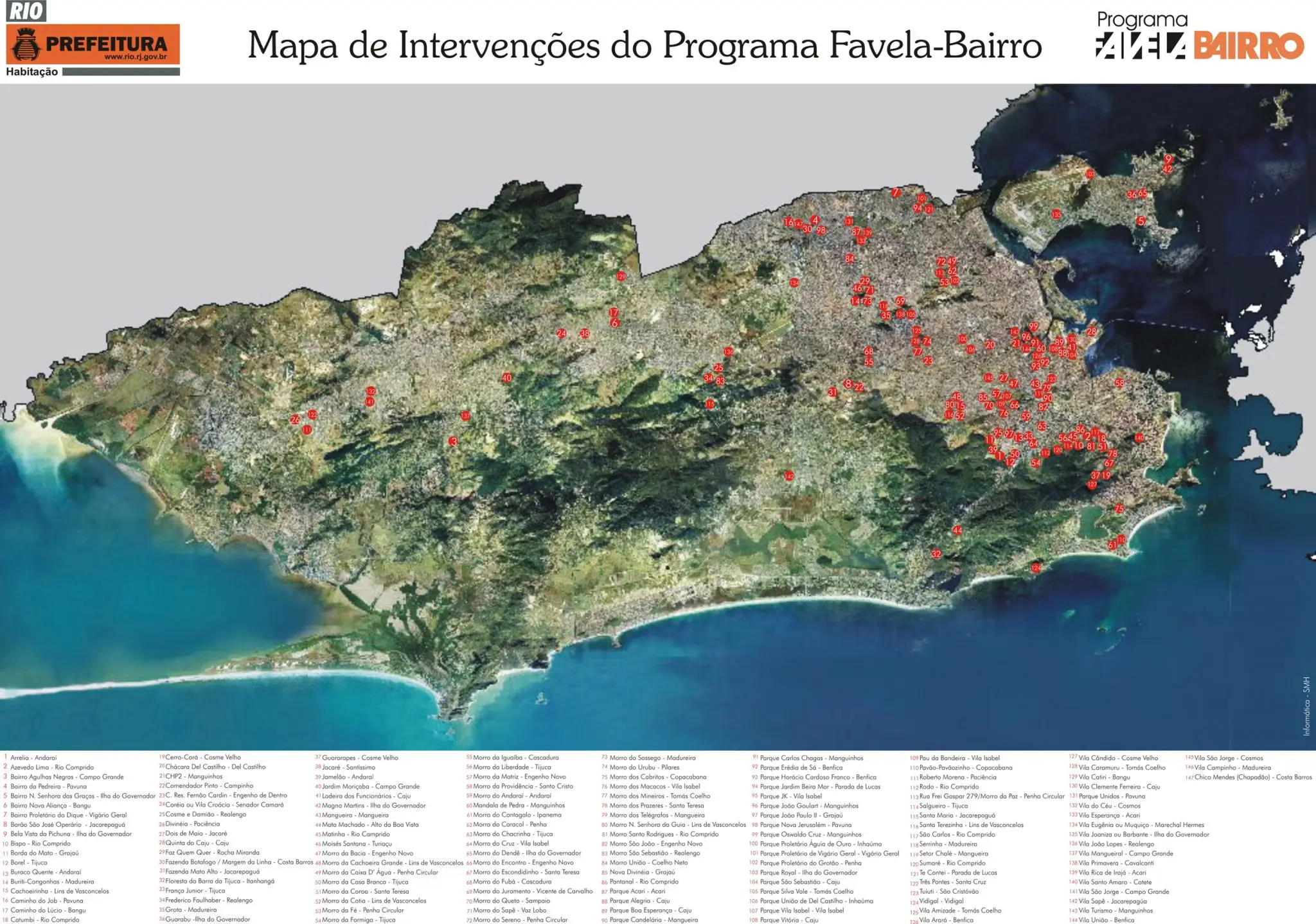 Mapa satelital de área urbana com intervenções do Programa Favela-Bairro.