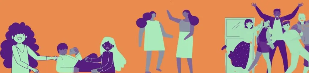 Três grupos de pessoas sorridentes em uma ilustração colorida.