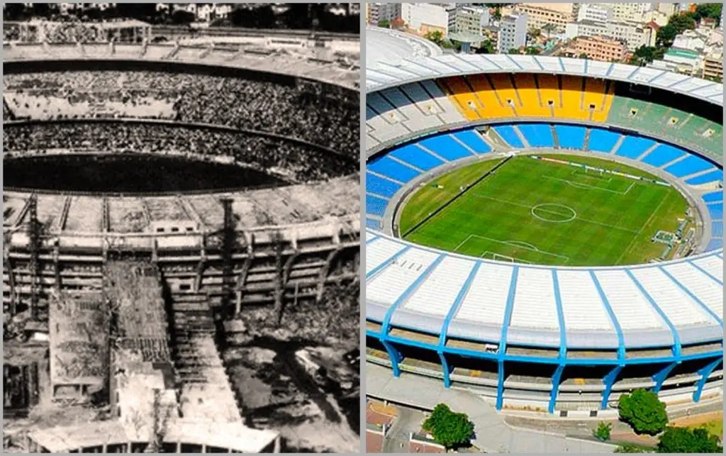 Estádio Maracanã em construção e concluído.