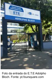 Portão fechado com placa azul e logotipo da ETE Adolpho Bloch.