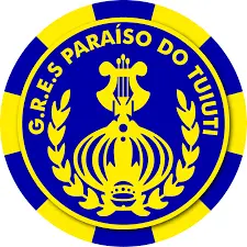 Distintivo azul e amarelo com coroa e folhagens douradas.