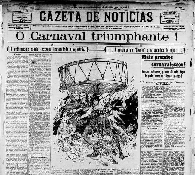 Página de jornal de 1910 com dança e concursos carnavalescos.