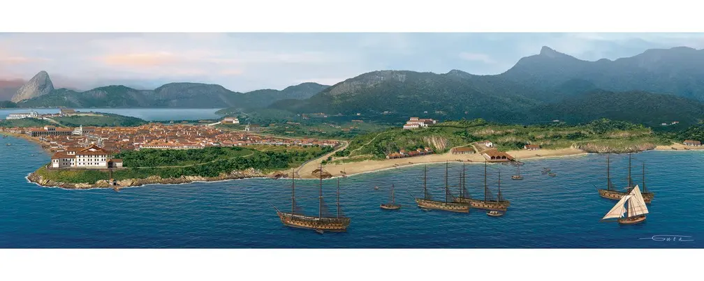Paisagem costeira com elementos históricos e cidade antiga.