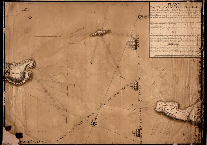 Mapa náutico antigo com ilhas e navios.