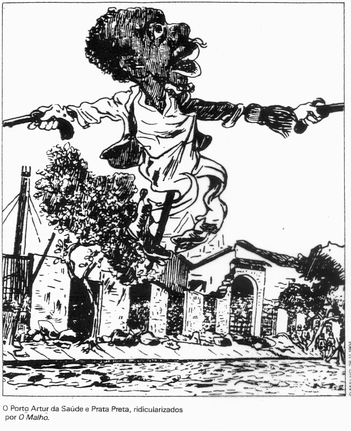 Gravura caricatura equilibrando-se em corda, com texto sobre saúde e prata pretã.