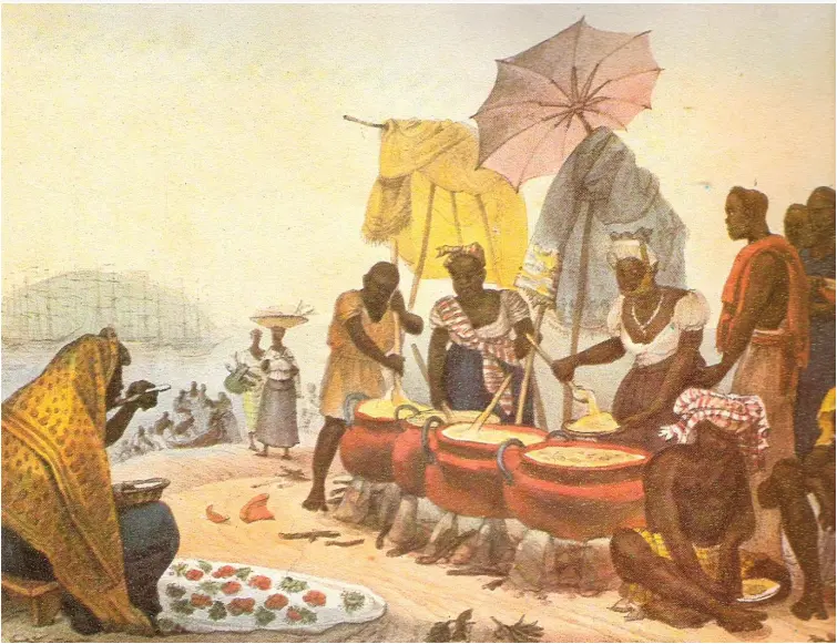 Pintura de mercado ao ar livre com figuras coloridas e alimentos.