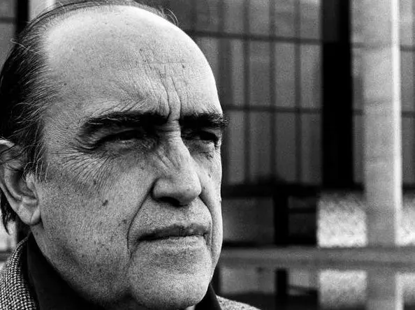 Homem olhando para a esquerda, retrato preto e branco.