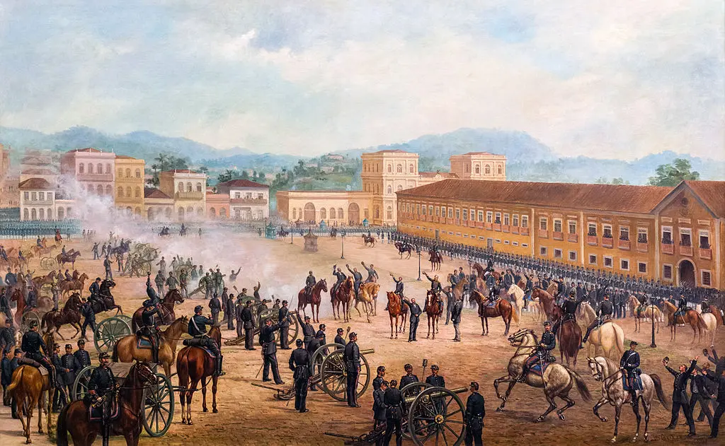 Pintura histórica de golpe militar com soldados em cavalos e grupos de pessoas em celebração ou protesto.