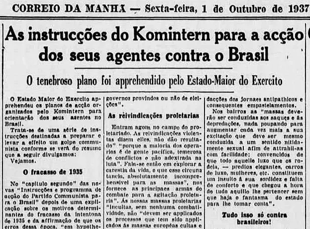 Jornal antigo de 1937 sobre ação do Komintern no Brasil.