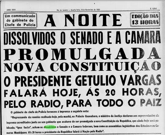 Jornal em preto e branco anuncia dissolução do Senado e da Câmara e promulgação da nova Constituição.