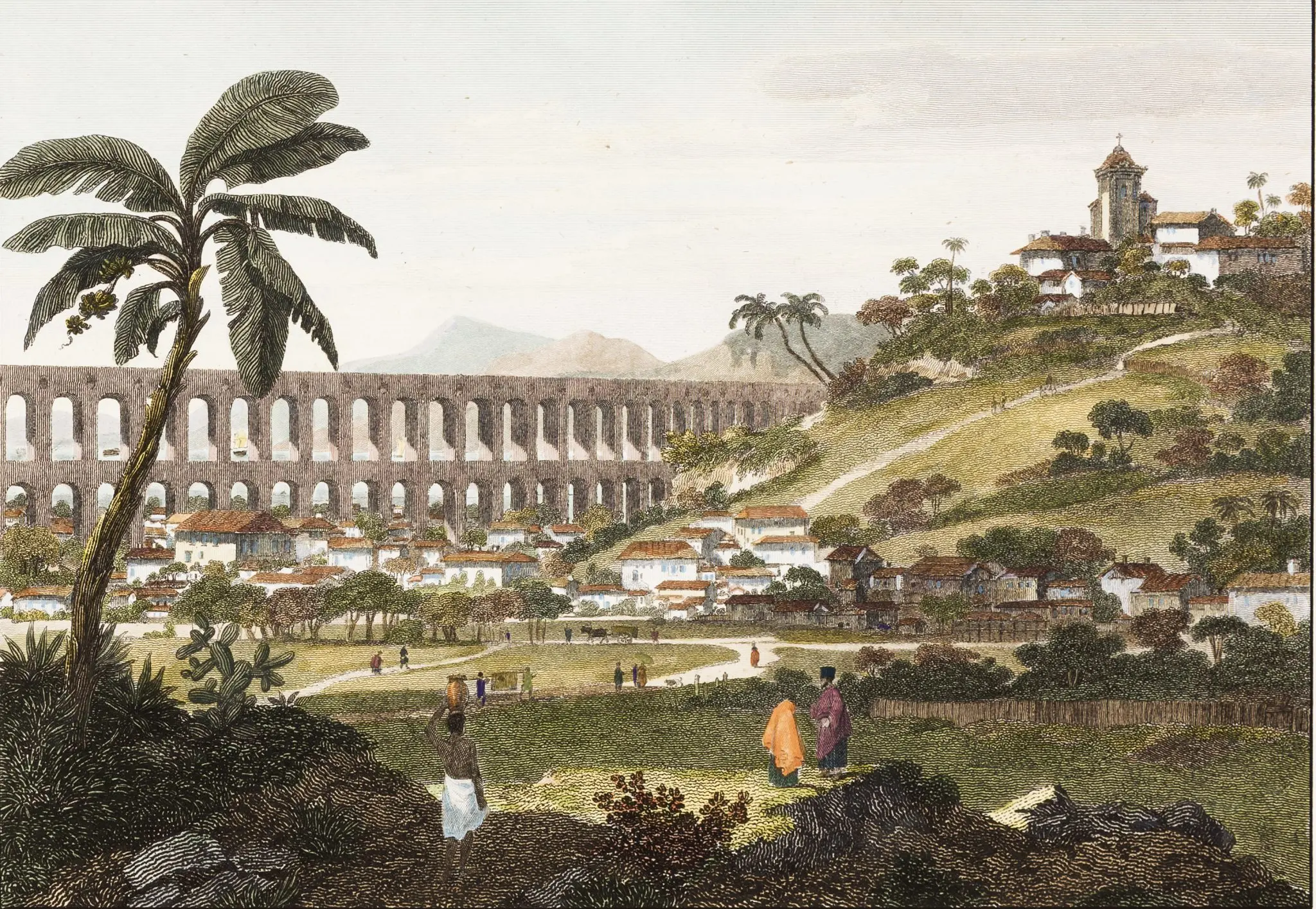 Pintura de Arcos da Lapa, São Paulo, com arquitetura histórica e paisagem natural.