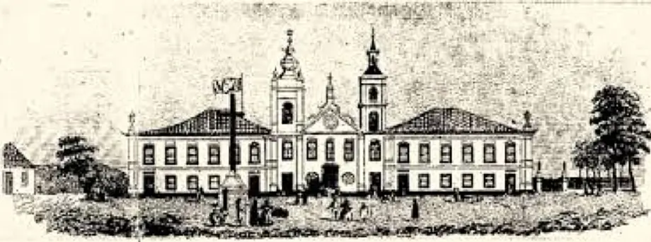 Gravura preto e branco de edifício com torres e cúpulas, propriedade rural com figuras humanas.