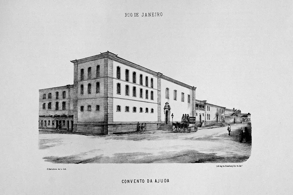 Gravura preto e branco do Convento da Ajuda em Rio de Janeiro.