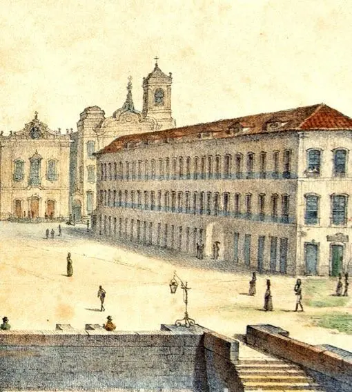 Pintura de praça histórica com edifícios e igreja.