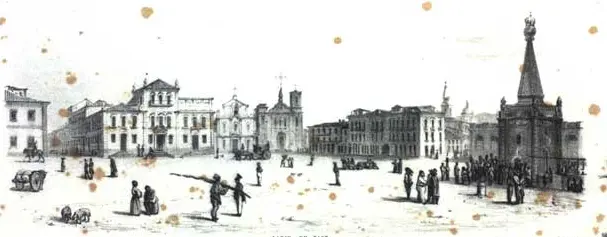 Gravura histórica de praça com igreja e edifícios.