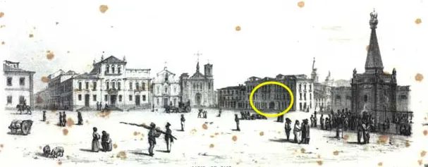 Gravura histórica de praça com edifícios e monumento.