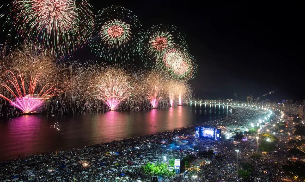 Celebração de Réveillon na praia de Copacabana, com fogos coloridos e multidão animada.