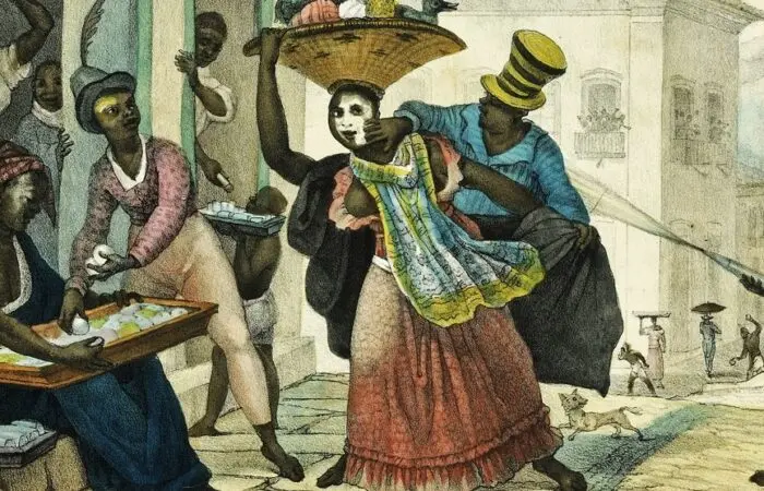 Ilustração colorida de Carnaval com venda de doces e frutas.