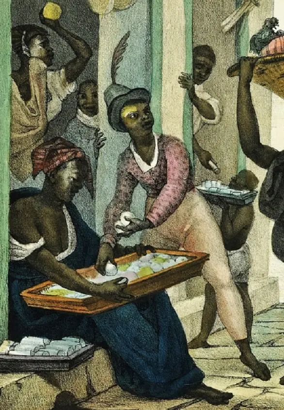 Pintura colorida de Carnaval com mulher segurando bandeja de ovos.