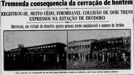 Jornal antigo em preto e branco sobre acidente ferroviário em Deodoro.