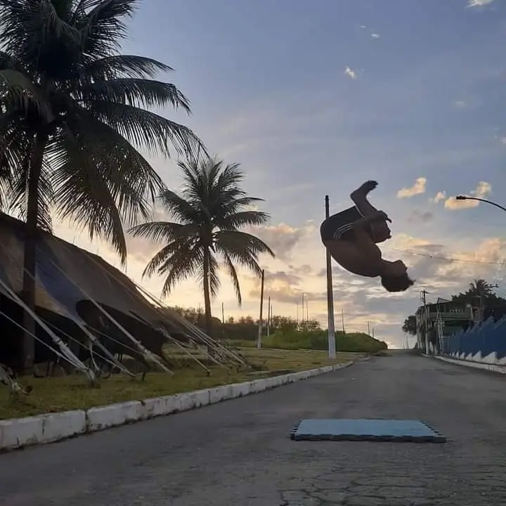 Uma rua com palmeiras e acrobata invertido.