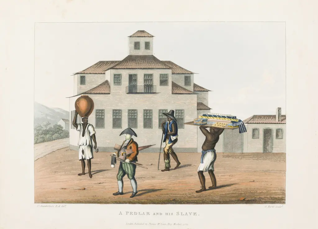 Gravura colorida de cena histórica com figuras negras e coloniais.