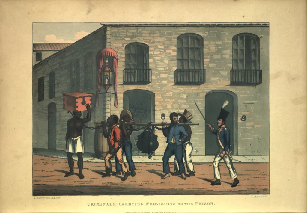 Gravura colorida de T. Hunt, 1822, mostrando criminosos levados para prisão.
