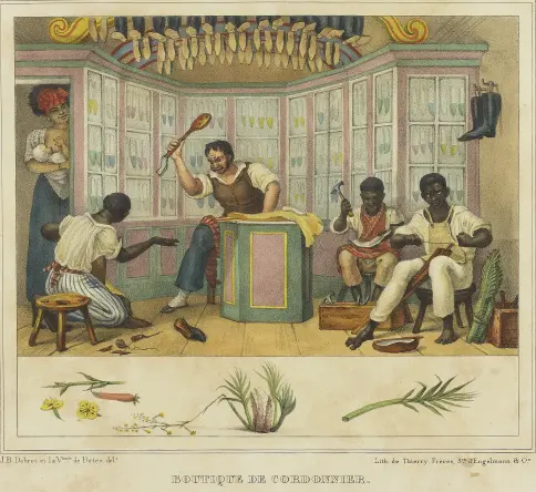 Gravura colorida de loja de sapateiro com pessoas trabalhando.