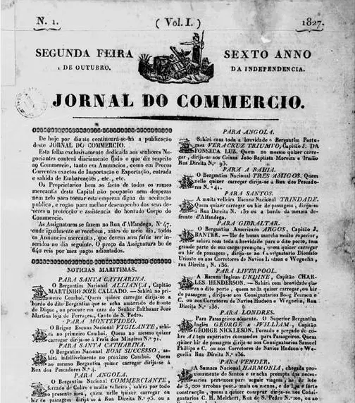 Jornal antigo de 1827 com notícias em português clássico.
