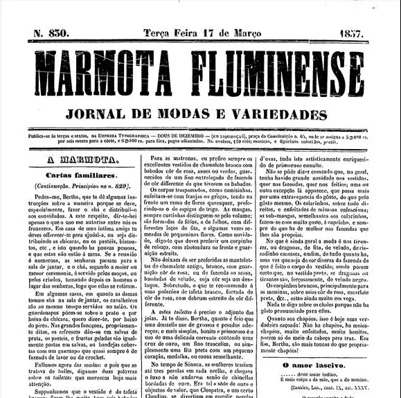 Jornal antigo de 1857 sobre "Marmota Fluminense".