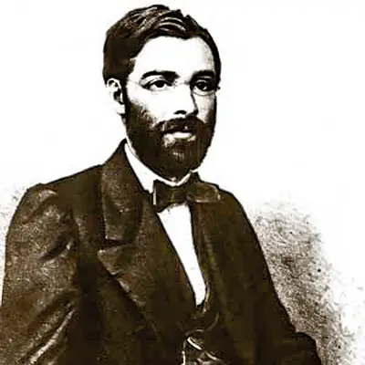 Gravura preto e branco de homem com terno clássico.