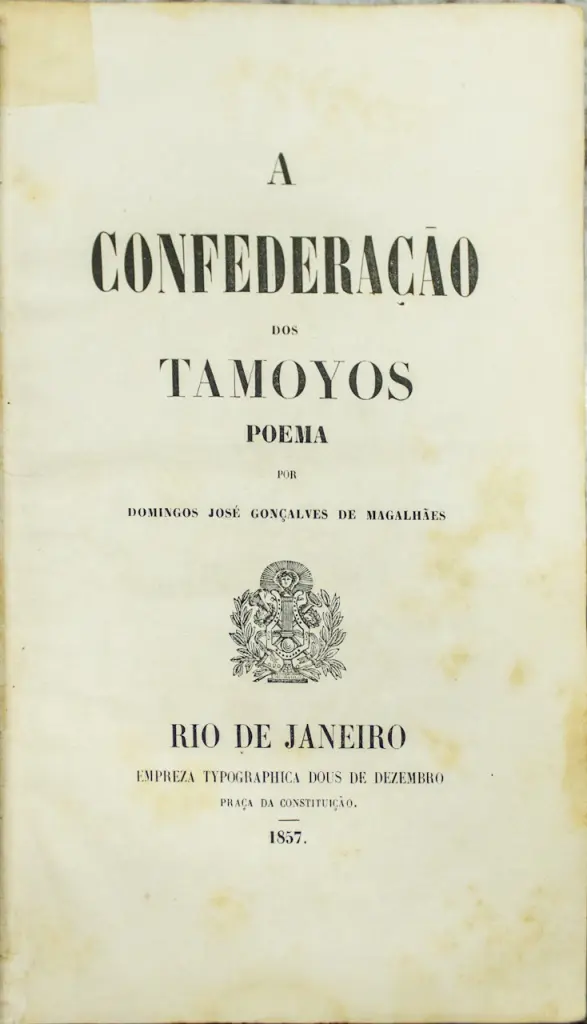 Capa de livro antigo sobre a Confederação dos Tamoios, poema de Domingos José Gonçalves de Magalhães.