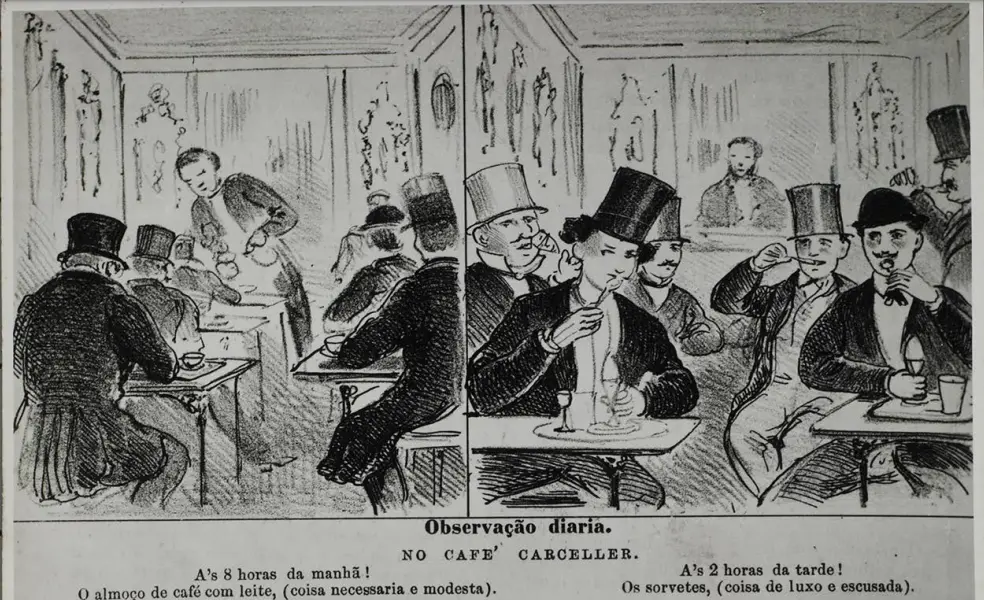 Gravura preto e branco de café com pessoas vestindo trajes formais do século XIX.