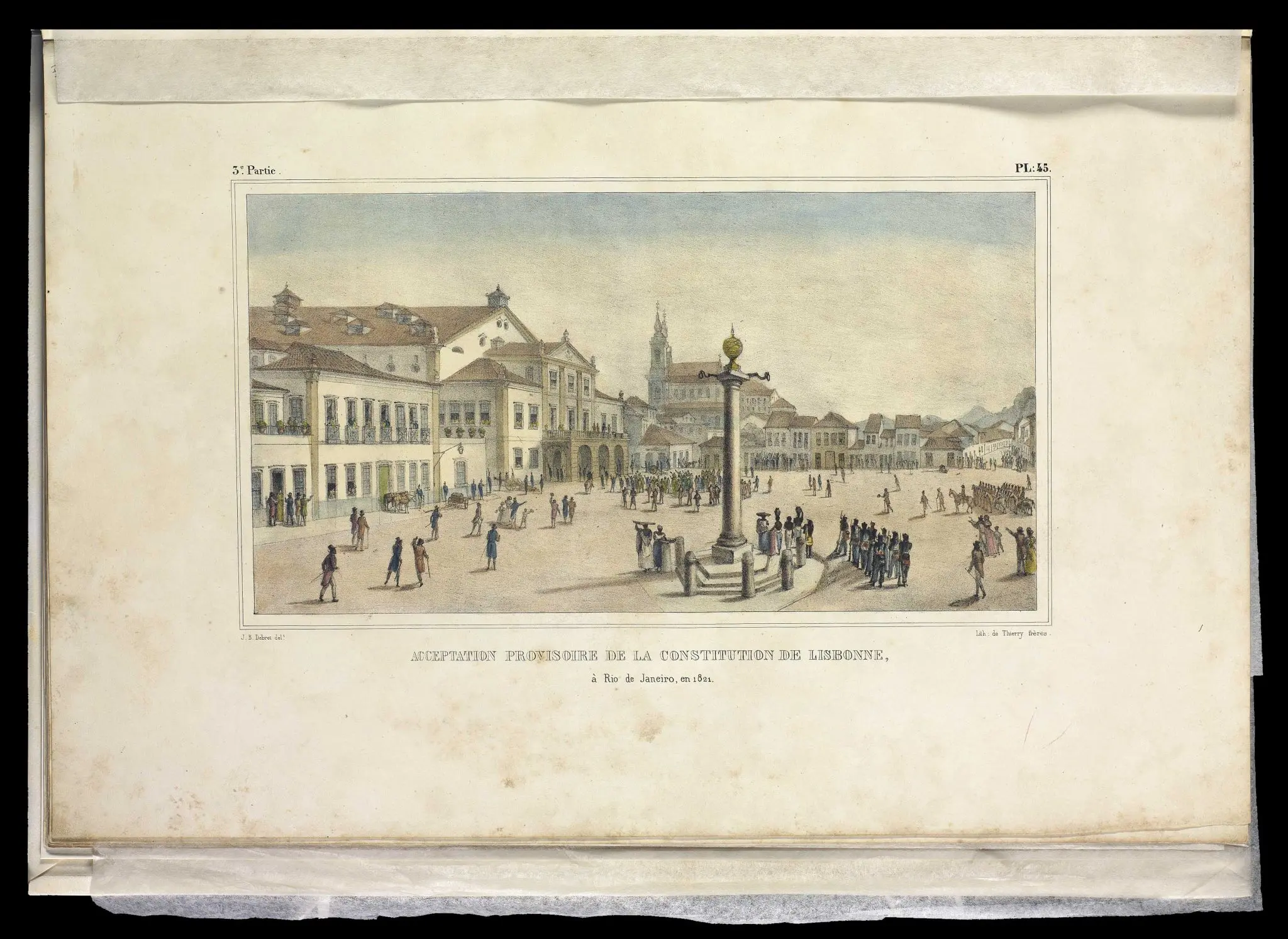 Gravura histórica de praça com edifícios antigos e monumento central.