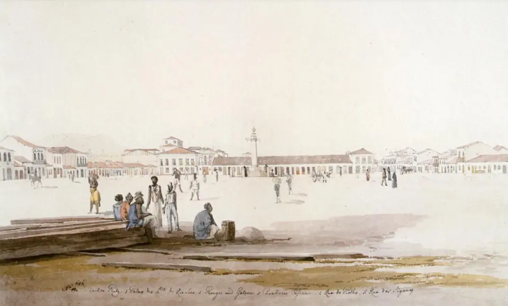 Pintura urbana com largos, casas, praça e água.