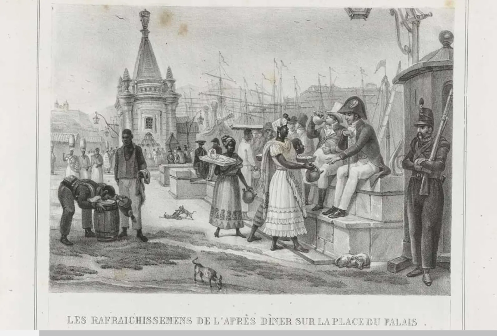 Gravura histórica em preto e branco de um cais com navios e pessoas interagindo.