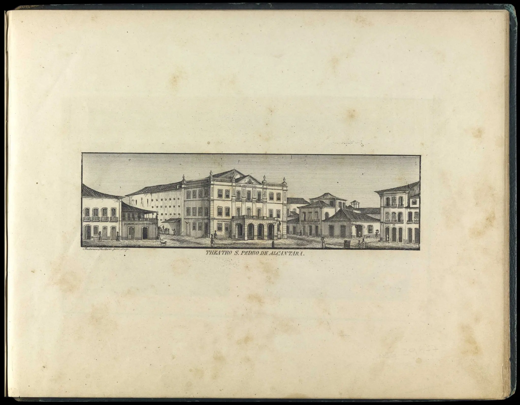 Gravura preto e branco de teatro majestoso com inscrição "Theatro S. Pedro de Alcântara".
