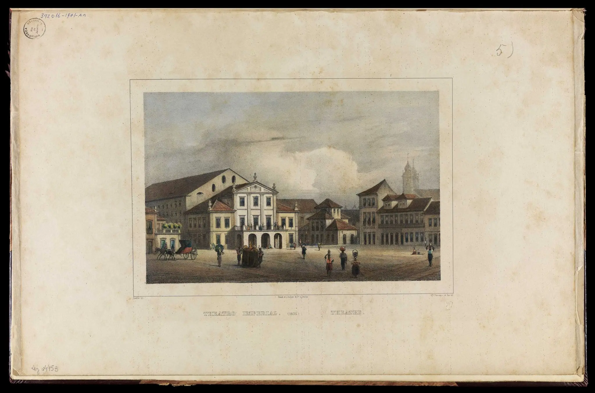 Gravura urbana com teatro clássico e praça movimentada.