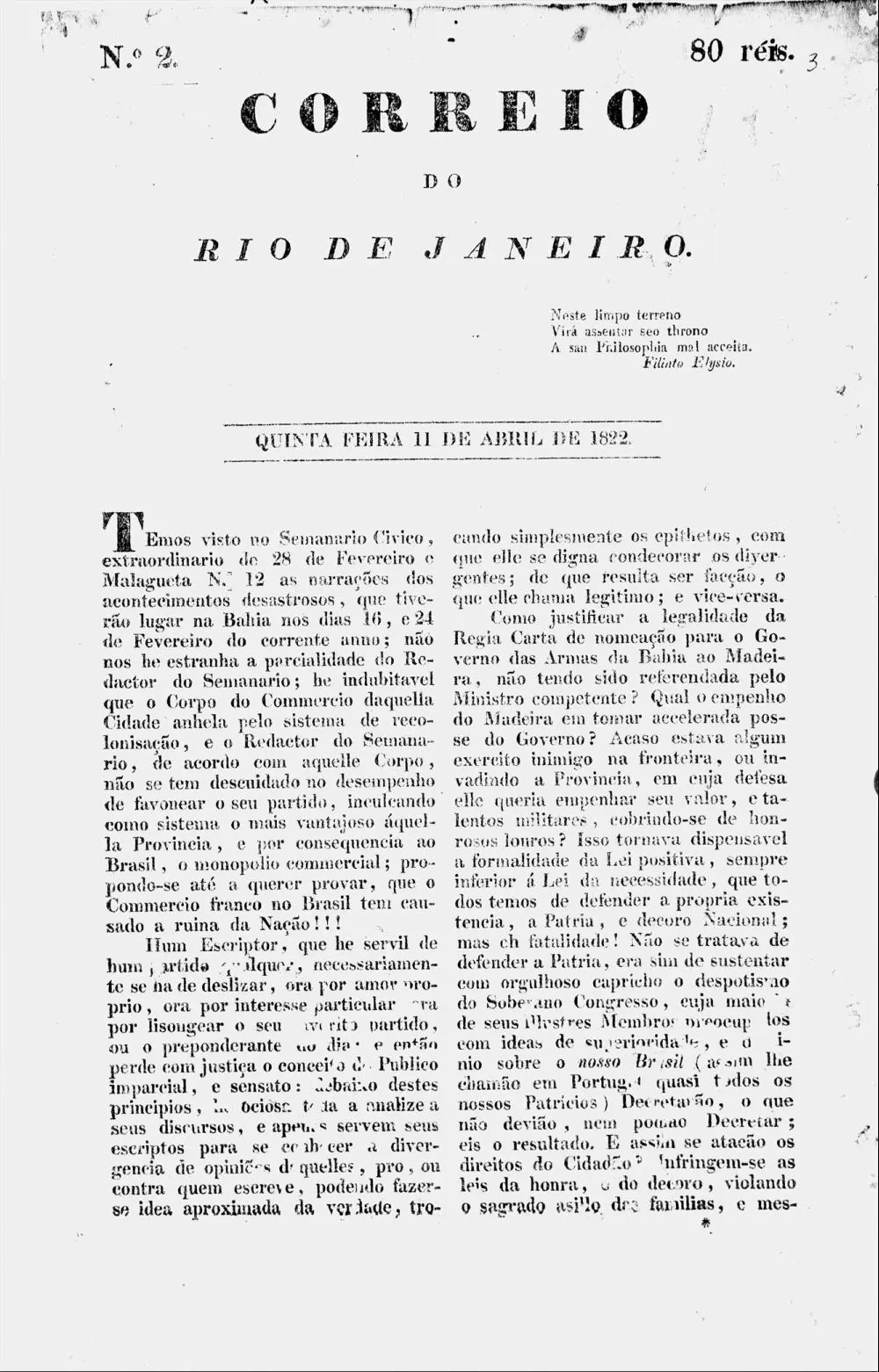Página de jornal do Correio do Rio de Janeiro, datada de 11 de abril de 1822.