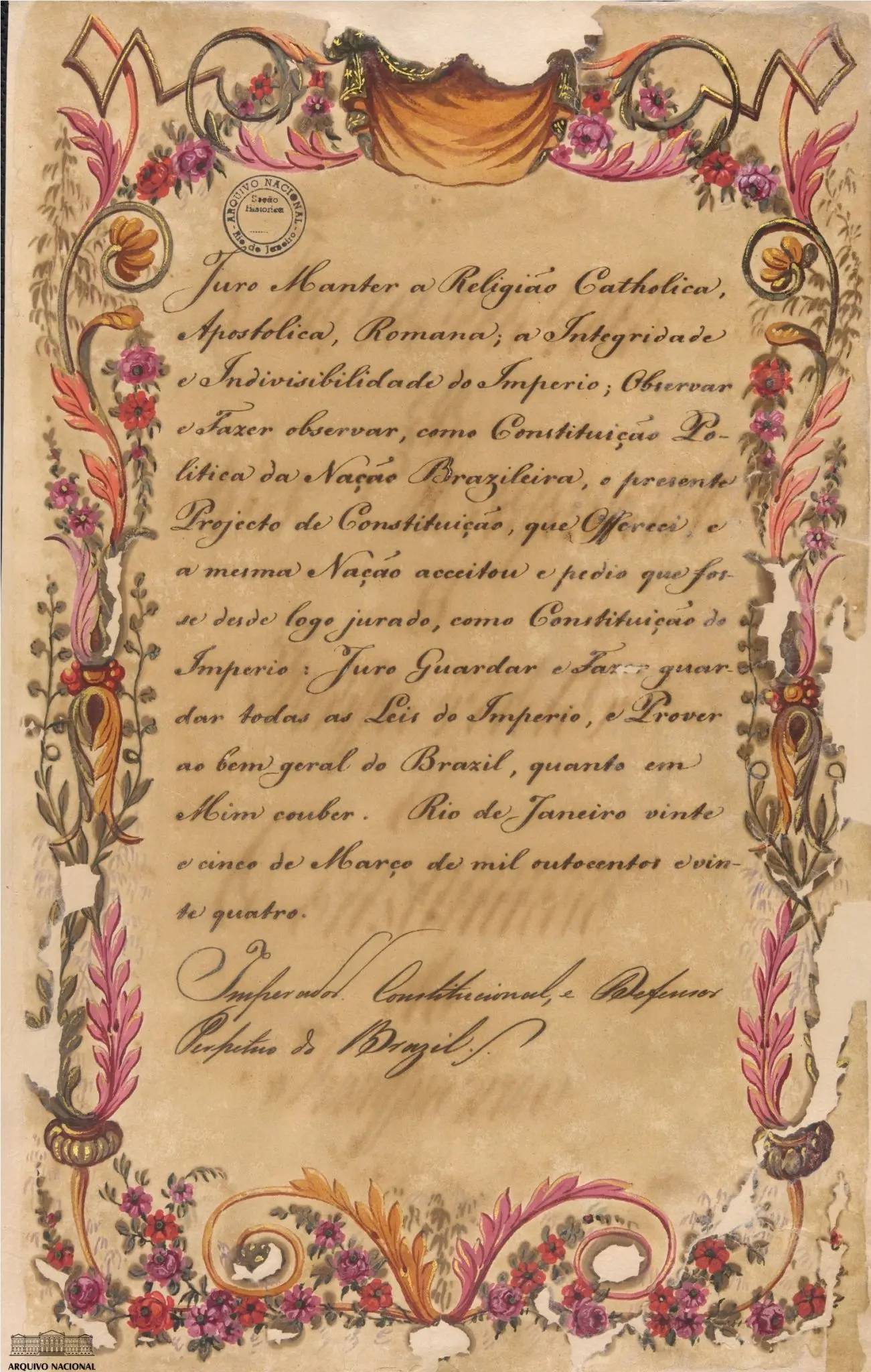 Documentação antiga com selo e texto em português.