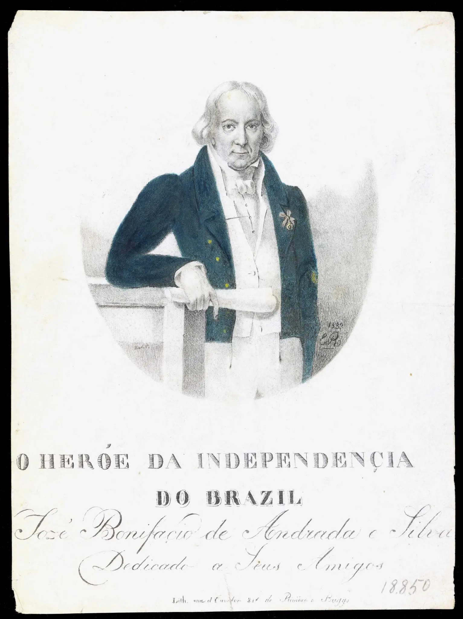 Retrato de homem com terno azul, segurando documento; herói da Independência do Brasil, 18850.
